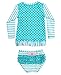 RuffleButts Aqua Striped Polka Long Sleeve Rash Guard Bikini - 12-18m