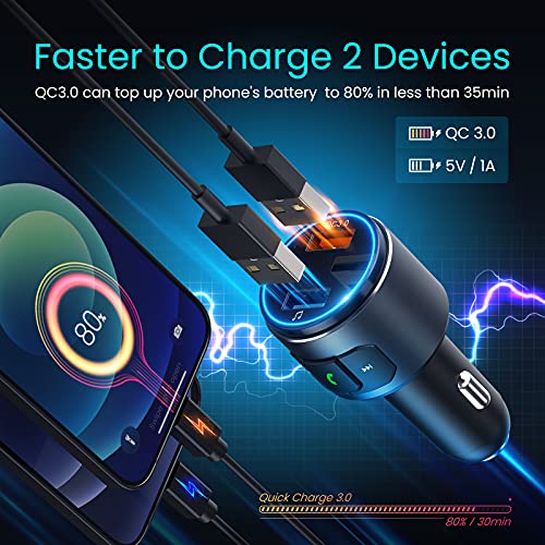 (Upgraded Version) VT Bluetooth FM Transmitter for Car, V5.0 Bluetooth Car Adapter, FM Transmitter Receiver, MP3 Player with QC3.0 Quick Charge, Hands Free Calling, 2 Playing Modes, Blue led Display