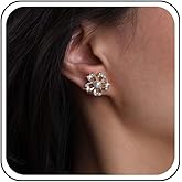 Erimberate Bohemian Crystal Flower Pearl Earrings Gold Cz Hollow Flower Earrings Rhinestone Pearl Stud Earrings Tiny Pearl Flower Earrings Jewelry for Women Gifts