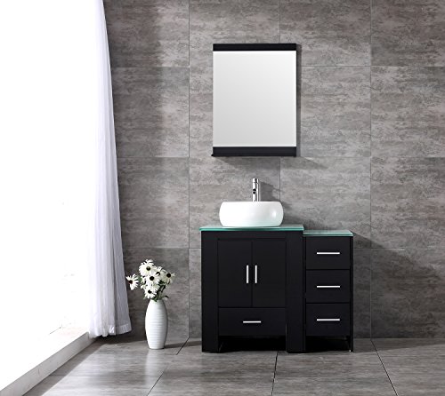 Walcut 36 Inch Bathroom Vanity Cabinet With Mirror And Tempered Glass Table Board With Single White Cylinder Vessel Sink