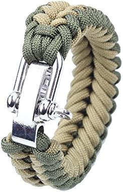 HLHRainbow 550lb Paracord EDC Survival Bracelet with Stainless Steel Shackle (Khaki&amp;Green, 7.1-7.7 inches/18-19.5cm wrists)