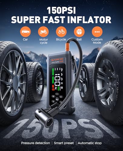 9-in-1 5000A 150PSI Car Battery Booster Jump Starter with Air Compressor (All Gas/9L Diesel), Portable Car Battery Booster Pack, Safe Durable Car Jump Starter with Extended Jumper Cables, Glove, Light