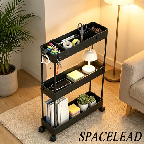 SPACELEAD Slim Storage Cart,3 Tier Bathroom Rolling Utility Cart Storage Organizer Slide Out Cart, Mobile Shelving Unit Organizer Trolley for Office Bathroom Kitchen Laundry Room Narrow Places, Black