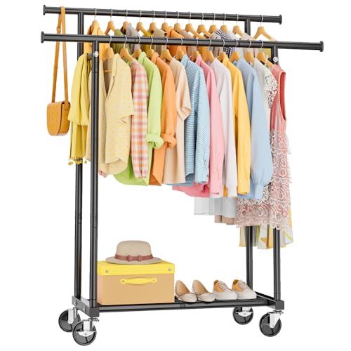 HYSEYY Double Rods Clothing Rack, Rolling Clothes Rack, Metal Garment Rack with 4 Lockable Wheels & Storage Shelf, Sturdy Coat Rack for Bedroom, Laundry, Living Room - 160H x 113W x 42D cm (Black)