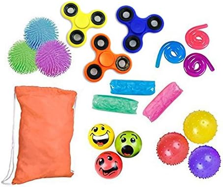 Wish Novelty 18 Pieces Sensory Fidget Toy Bundle - 6 Toys &amp; Backpack for Kids &amp; Adults - Includes 3 of: Silly Face Balls, Fidget Spinners, Stretchy Strings, Knobby Balls, Water Wigglers, Puffer Balls - Compact Size - ADHD Therapy - Stress Relief - Best Gift for Boy or Girl 5+