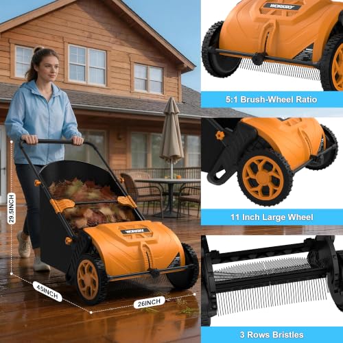 WORKSKY Premium Garden Lawn Sweeper with Brush Rake, Efficient Grass Leaf Collector for Lawn Yard Backyard Outdoor Cleaning,105L Debris Collection Bag