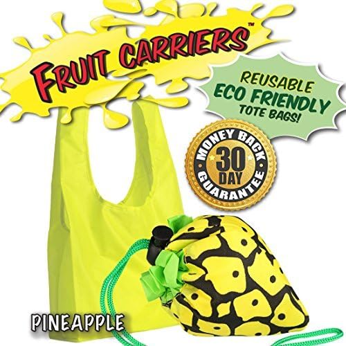 FRUIT CARRIERS 4 Pack: Eco-friendly, Reusable Shopping Tote Bags Available in 6 Fun Designs! Grapes, Pineapple, Carrot, Kiwi, Strawberry and Chili Pepper. (Pineapple)