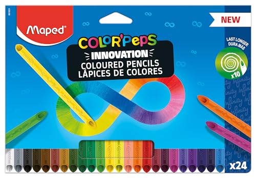 Lápices de Colores Peps Infinity, Set de 24 Colores Surtidos, Duración 10 Veces Más con Diseño Ergonómico Triangular, Colores Vivos para Dibujar y Colorear