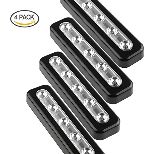 Pack of 4, Wefond DIY Stick-on 5 LED Touch Tap Lights Battery-powered Push Night Light for Closets, Cabinets, Cupboard, Hallway, Stairs, Attics, Garages, Car, Sheds, Storage Room (Black)