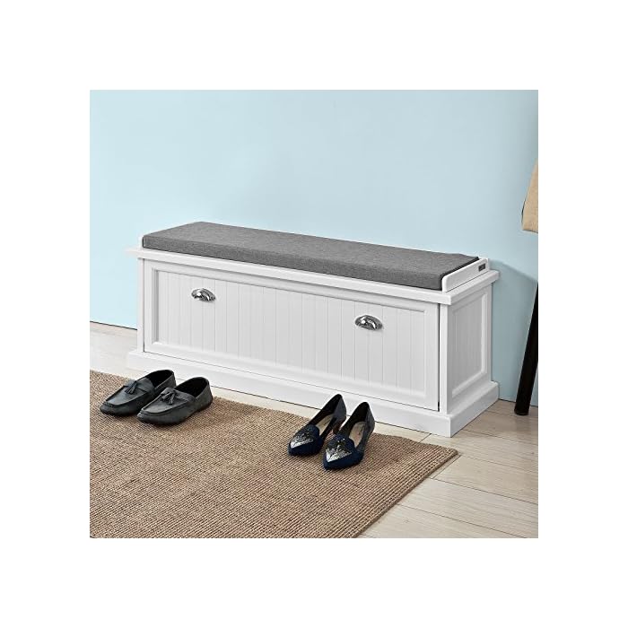 Haotian White,White Storage Bench with Removable Seat Cushion, Bench
