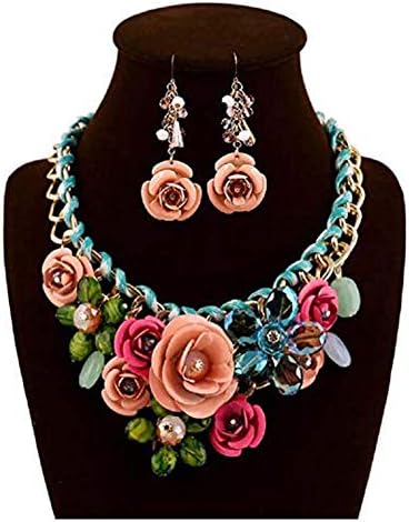 Floral Flower Statement Necklace and Earring Set Choker Chunky Gold Plated Chain Pendant Jewelry