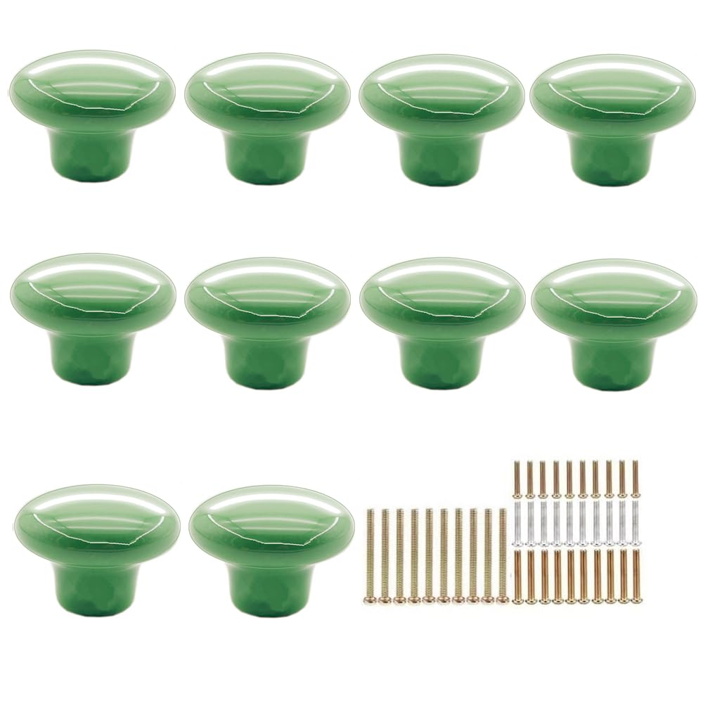 MayGreeny 10 Pcs Cupboard Handles Round Ceramic Kitchen Door Handles Small Vintage Drawer Knobs Cupboard Dresser Wardrobe Bathroom Cabinet Furniture Door Knobs Pull Handles 32mm 4 Sizes Screws, Green