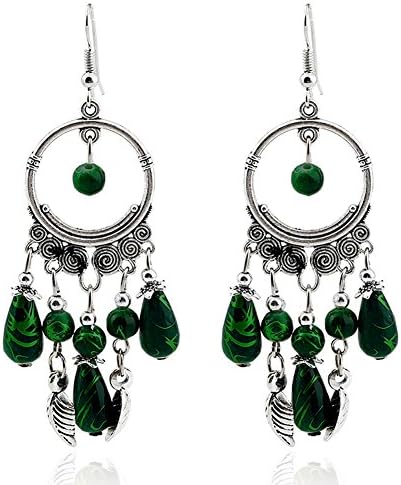 Women's Vintage Fashion Bohemian Long Drop Dangle Earrings Dark Green XF06