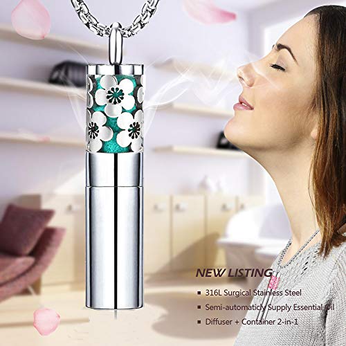 AZORA Essential Oil Diffuser Necklace Aromatherapy Diffuser Flower Cylinder Pendant Locket with Oils Container Stainless Steel Jewelry Gift Sets for Boys Girls Kids Women - Thumbnail 5