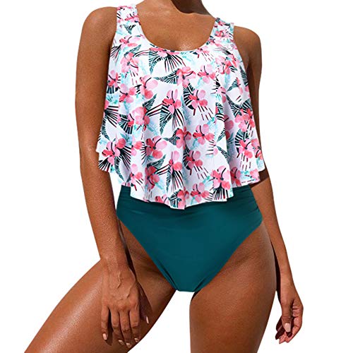 MOOSLOVER Women's Cute Ruffle Bikini Top High Waisted Print Two Piece Swimsuit(XXXL,Flower-5)