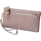 AurexaFashion Women Genuine Real Leather Wristlet Wallet Clutch. 3 Zipped Pockets, 6 Credit Card Slots Case Coin Purse (Mauve)