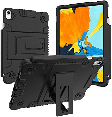 Heavy Duty Rugged Case for iPad Pro 11 2018 with Pencil Holder Adjustable Stand Support Charging, Protective Cover Dual Layer Protection Silicone Armor Defender for Model A1980/A2013/A1934 (Black)