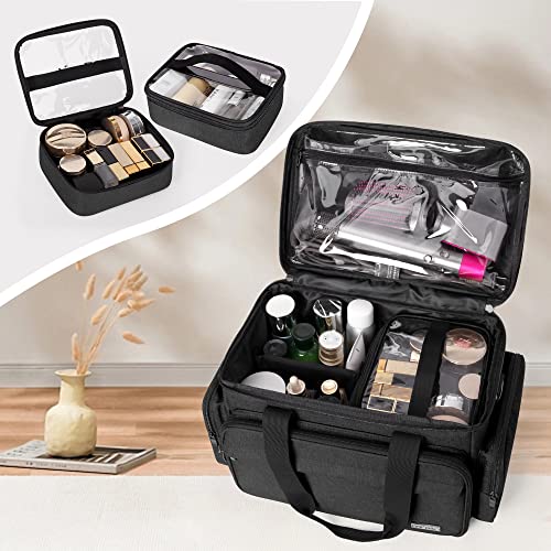 BAFASO Large Makeup Bag with 2 Removable Pouches and Detachable Dividers, Multifunctional Cosmetic Bag to Keep Makeup and Hair Supplies (Patent Pending), Black
