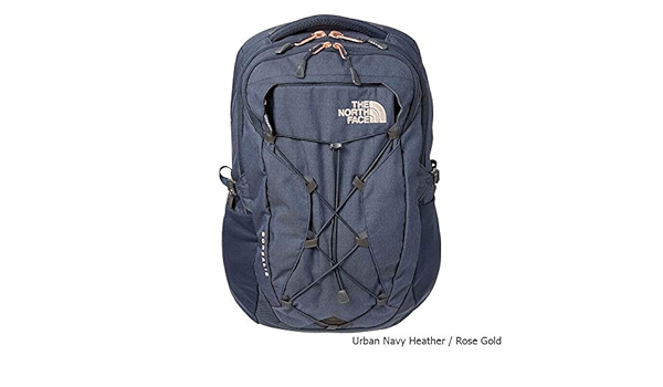 navy blue and rose gold north face backpack