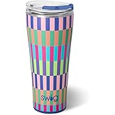 Swig Life 32oz Insulated Tumbler, Travel Coffee Tumbler with Lid, Cup Holder Friendly Travel Coffee Mug, Stainless Steel, 32 oz, Reusable Insulated Mug with Lid (Brite Stripe)