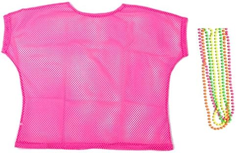 BFD One Ladies Neon '80s Mesh Fishnet Top Free Neon Necklaces Loose Fit Medium Large and XL In Pink Orange Yellow Blue Purple and Black. Wash In Cold Water. 1980s Rave T Shirt Punk Rock