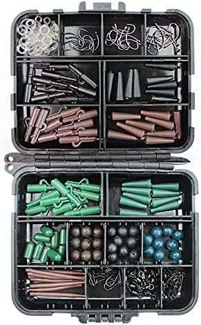 HAWKRIDGE - UK supplier 174 Piece CARP Barbless Fishing Rig Making Accessory Terminal Tackle Box Set - Includes Hooks Swivels Clips Rubbers Shrink Tube Rubber Sleeves and Much More