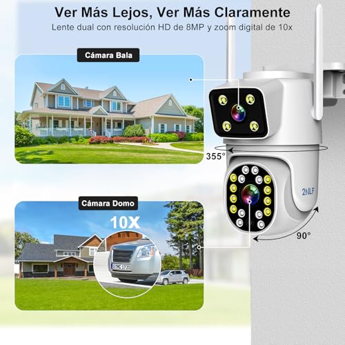 2NLF 8MP Cámara de Seguridad Exterior con Doble Lentes, Cámara Seguridad WiFi Inalámbrica con Visión de 360°, Detección de Movimiento, Visión Nocturna a Color y Audio Bidireccional, 2 Piezas