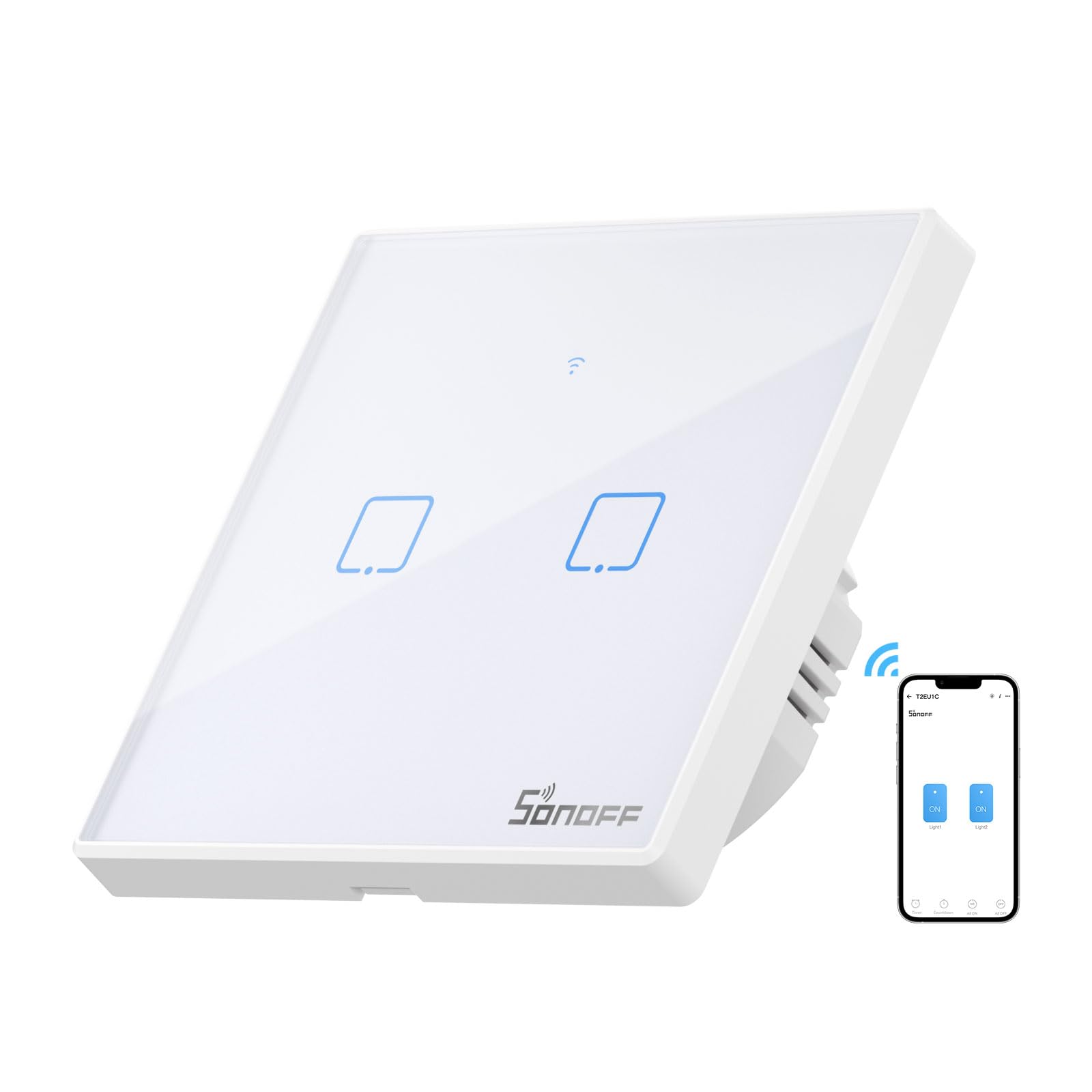 SONOFF Smart Light Switch, WiFi Smart Touch Switch Smart Wall Light Switch Works with Alexa and Google Home, APP Remote Control & 433MHz RF Control, Neutral Wire Required, White, 2 Gang, T2EU2C