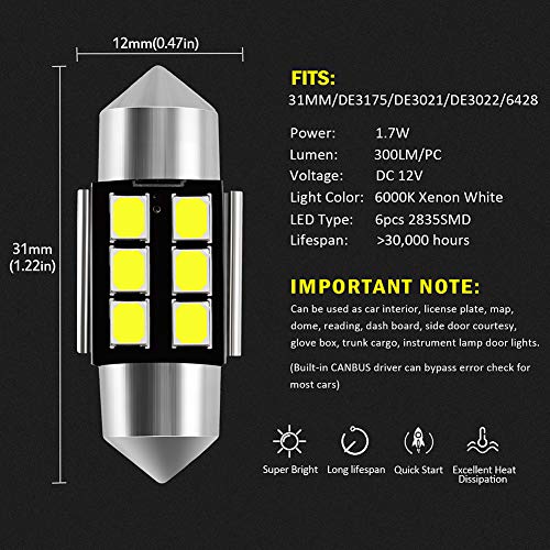 AUXLIGHT DE3175 DE3021 DE3022 3175 31MM 1.22"Festoon Canbus Error Free LED Interior Light Bulbs 6000K Xenon White, Super Bright 6SMD Chips for Dome Map Door Courtesy License Plate Lights (Pack of 6)