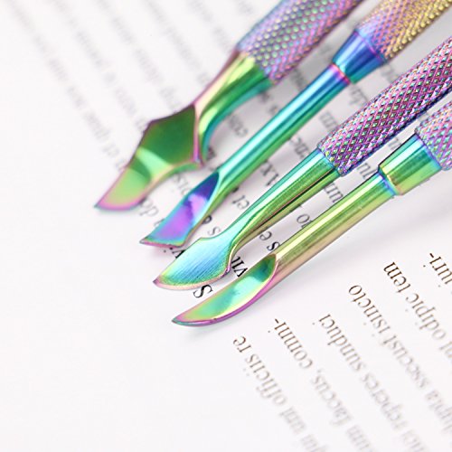 Buorsa 4pcs Rainbow Cuticle Pusher Stainless Steel Cuticle Remover and Cutter Manicure Nail Art Tool Set Professional Cuticle Nippers for Nail