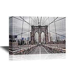Watercolor Style Canvas Wall Art - Beautiful View of Brooklyn Bridge and Cable Pattern - Gallery Wrap Modern Home Art | Ready to Hang - 12x18 inches