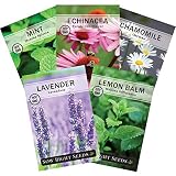 Sow Right Seeds - Herbal Tea Collection - Lemon Balm, Chamomile, Mint, Lavender, Echinacea Herb Seed for Planting; Non-GMO Heirloom Seed, Instructions to Plant Indoor or Outdoor; Great Gardening Gift