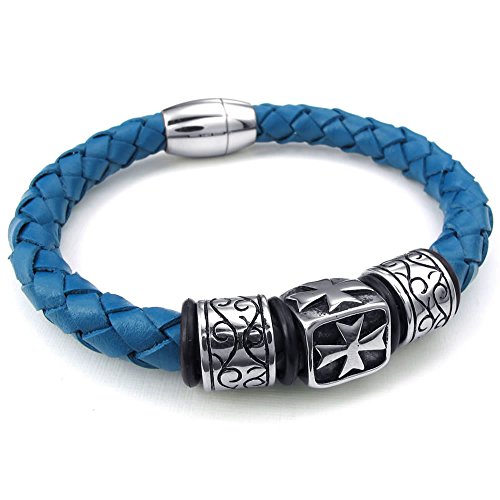 KONOV Mens Leather Stainless Steel Bracelet, Cross Charm Magnetic Clasp, Blue Silver - 8 inch