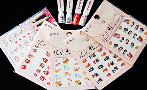 Cute Nail Art Water Slide Tattoo Stickers Disney Characters /Tom And Jerry, Winnie, Hello Kitty, Disney Princess- 5 pack Mixed Design