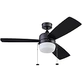 Honeywell Ceiling Fans Barcadero Contemporary 44 Inch Ceiling Fan with Light, Pull Chain, LED Indoor Fan with 3 Blades, Matte