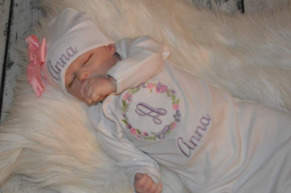 personalized baby gown and hat set
