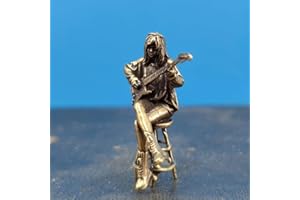 Collectible Miniature Brass Figurine of Female Bar Guitarist, Folk Rock Music Style, Small Unpainted Metal Statue for Car Dis