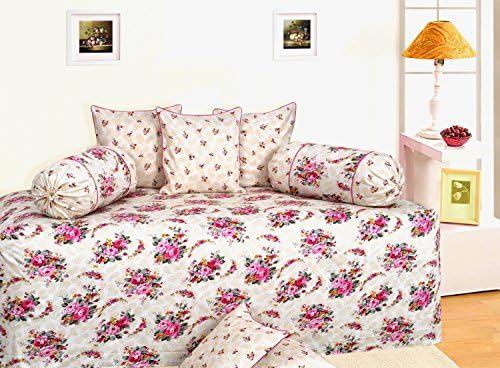 New Designer White 210 TC Floral Printed Cotton Satin Bedding Diwan Set Of 6 Pcs