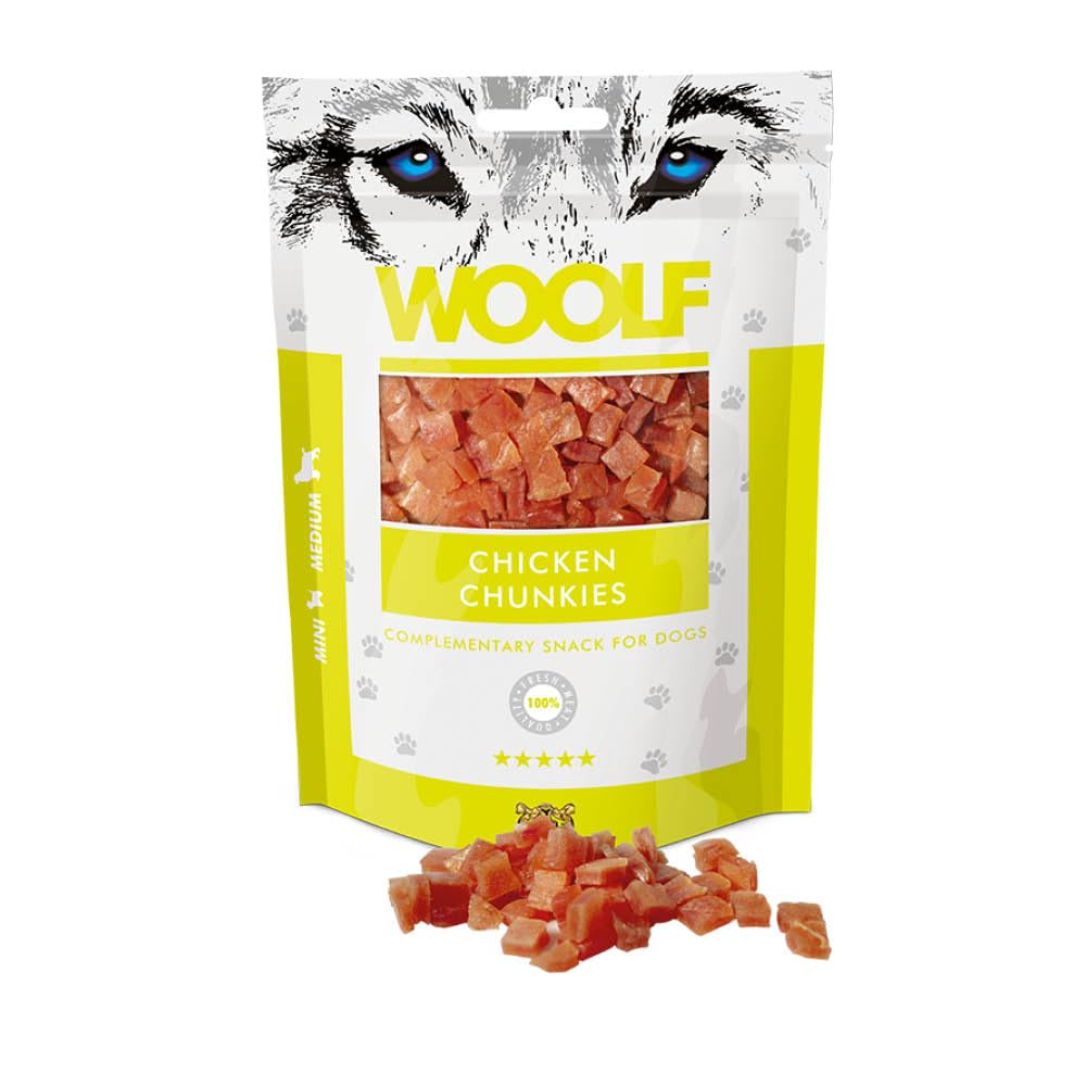 WOOLF Chunkies - Complementary Snacks for Dogs. Dog Treats with Natural Ingredients and High Meat Content, Balanced Nutrition, Free from Artificial Additives. Suitable for Puppies (Chicken, 100g)