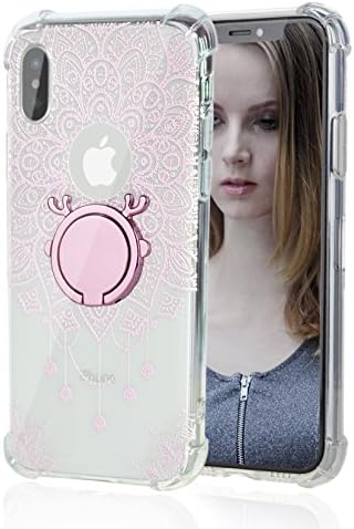 iPhone X Case With Ring 360 Degree Rotating Grip Stand [Compatible With Magnetic Car Mount] Mandala Flower Transparent TPU Bumper [Air Cushion] [Shock-Absorption] Case for iPhone X
