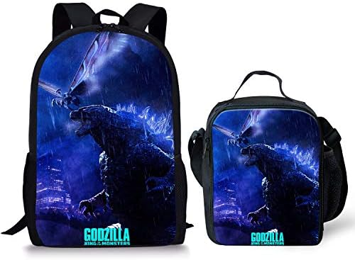 GePrint Godzilla Pattern Children Schoolbags with Lunch Bag Toddler School Backpack