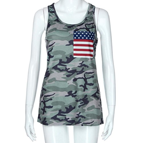 Besooly Women American Flag Tanks, Flag Print Camouflage Tops Vest Sleeveless T-Shirt Blouse (L, Green) - Thumbnail 4