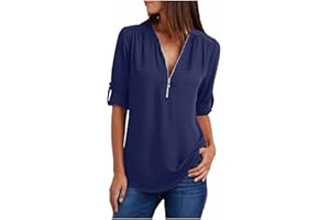 TAPANET Women Tops Summer Chiffon Blouse Short Sleeve Shirts Business Dressy Shirts Zipper V Neck Tees Button Roll Sleeve Top