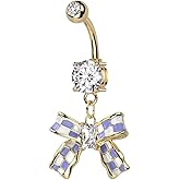 14GA 14kt Gold Plated 316L Stainless Steel CZ Crystal Purple and White Checkered Ribbon Dangling Belly Button Ring