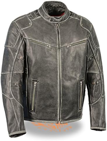 Men's Vintage Distressed Slate Leather Motorcycle Jacket, Vest &amp; Chap (Medium, Jacket)