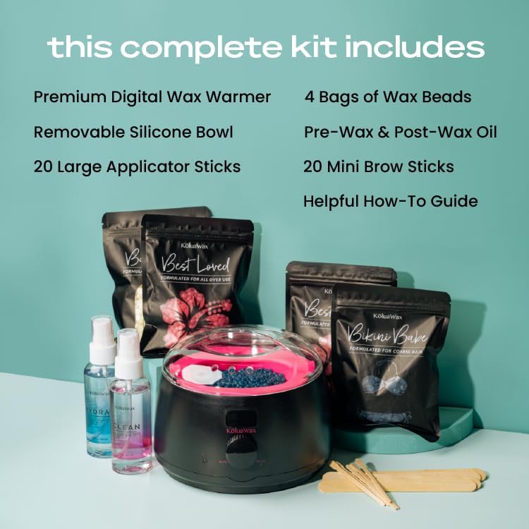 KoluaWax Premium Waxing Kit for Women - Hot Melt Wax Warmer for Hair Removal, Eyebrow, Bikini, Legs, Face, Brazilian Wax & More - Machine + 4-Pack Hard Wax Beads + Accessories, Black