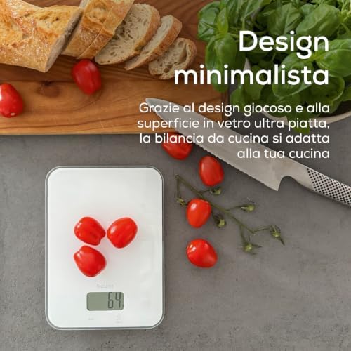 KS 19 Pure White bilancia da cucina digitale, capacità fino a 5 kg (suddivisione precisa al grammo), bilancia domestica con sensore touch, bilancia per alimenti incl. batterie, bianco