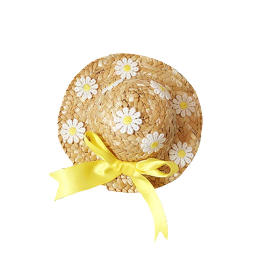 Hemobllo Hat, Dog Sombrero Hat Sun Cap Floral Chihuahua with Bow Adjustable Chin Strap Sun Handcrafted Woven for Small Dogs Puppy Cats Kitty