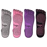 BLKWHT 4 Pairs Cotton Yoga Socks with Non Slip Grips Pilates Socks, Barre, Five fingers Full Toe Ankle High Breathable comfortable Stretchable ( Black Purple Pink Gray)