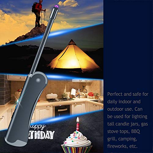 Candle Lighters,Windproof Electric 2in1 USB Rechargeable Arc Long Lighter with Flexible Neck Foldable Flameless Pocket Lighters for BBQ Grill Firework Cupcake Fireplace Cigarette (Black)